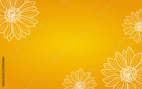 Orange and yellow gradient background with decorative sunflowers flowers. Hand drawing sunflowers banner with space for text. Botanical floral vector illustration
