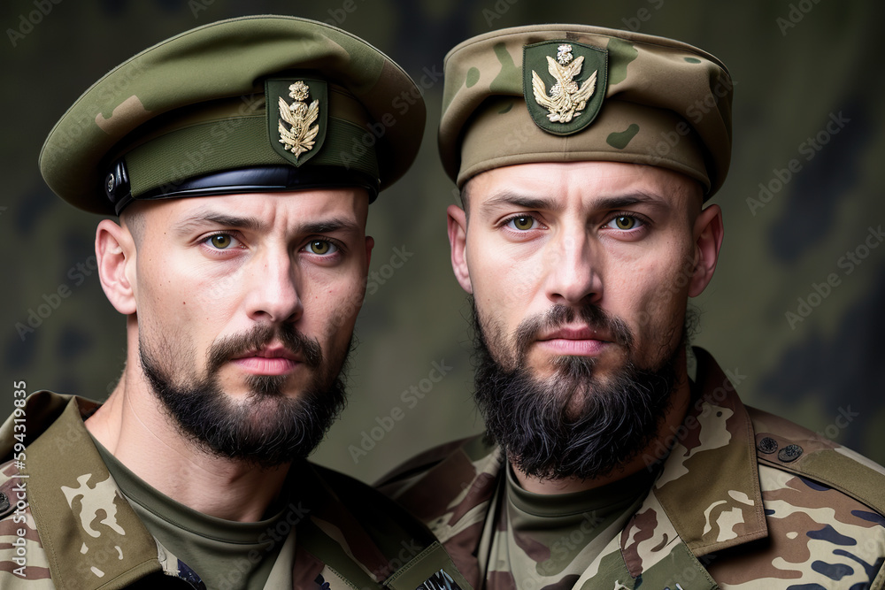 Generative AI illustration of bearded military men in camouflage uniform looking at camera against blurred background Generative AI illustration of bearded military men in camouflage uniform looking at camera against blurred background