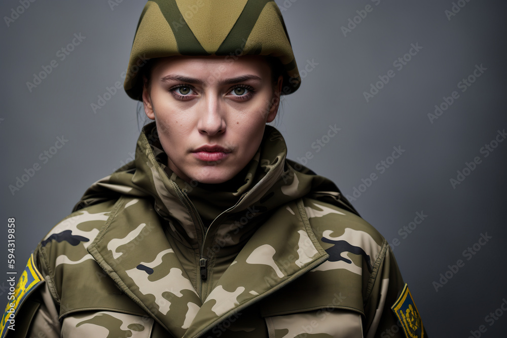 Generative AI illustration of serious woman soldier wearing military