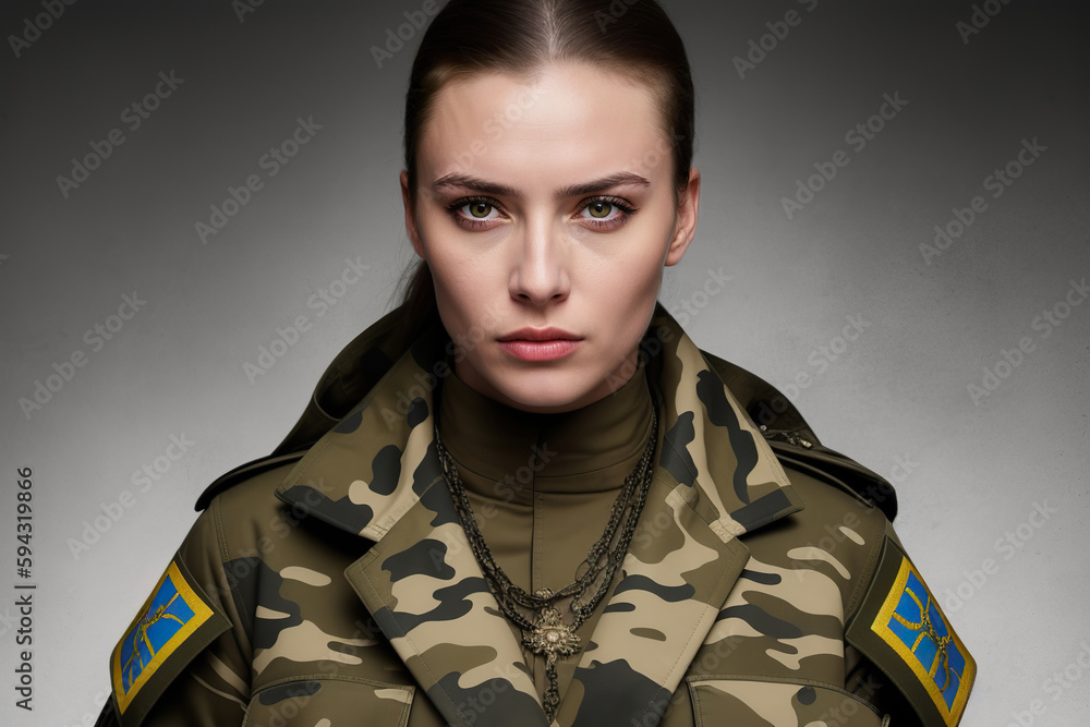 Generative AI illustration of serious woman soldier wearing military