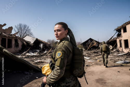 Generative AI illustration of serious woman soldier in uniform and with backpack looking at camera while standing near bombed area during war photo
