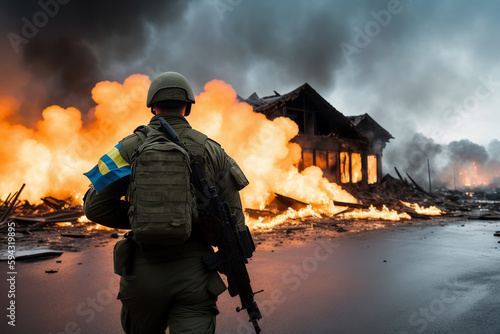 Generative AI illustration of back view of unrecognizable male soldier with Ukrainian flag on shoulder standing against bombed area with fire flames photo