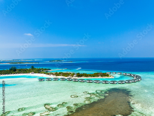 aerial view, Asia, Maldives, North Male Atoll, Kanuhuraa, Cinnamon Dhonveli Maldives, with beaches and water bungalows © David Brown
