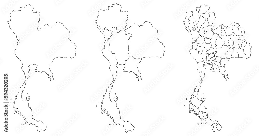 Thailand map set white-black outline with the administration of regions and provinces map 
