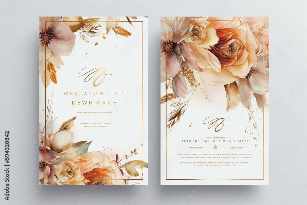 wedding invitation, thank you card, rsvp, details,menu,welcome,boho DIY minimal template design with watercolor greenery leaf and branch, watercolor invitation, beautiful floral wreath. Generative AI
 - obrazy, fototapety, plakaty 
