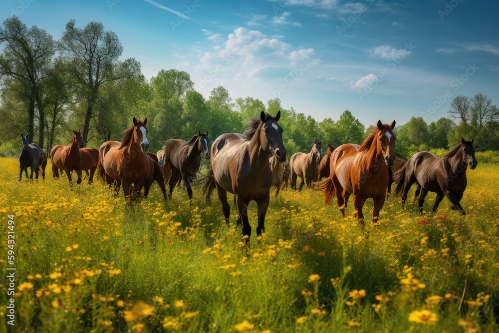 Herd of horses running free in a lush, green pasture during the springtime, showcasing the natural beauty and energy of these majestic animals - Generative AI