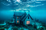 House under water. Residential building at bottom of ocean, sea. Generative AI.
