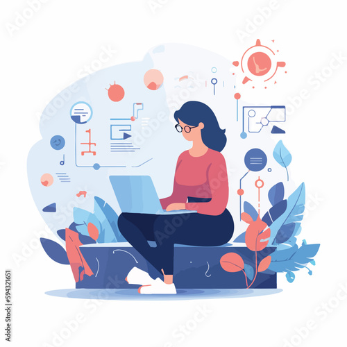 Woman working on laptop, bright colors, cartoon illustration, flat