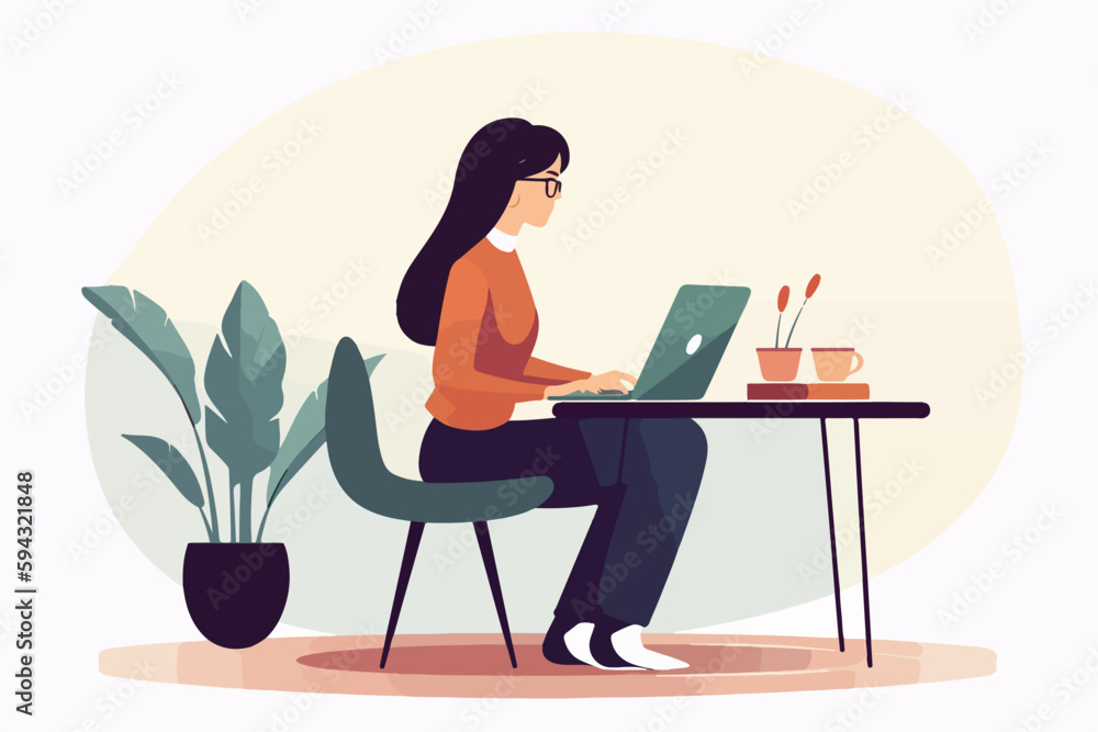 Woman working on laptop while sitting at table, bright colors, cartoon illustration, flat Woman working on laptop while sitting at table, bright colors, cartoon illustration, flat