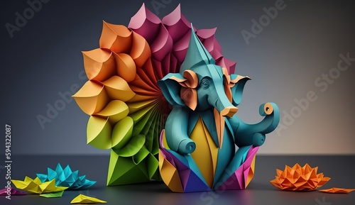 Colorful flower craft of origami of Indian god Ganesh Generative AI photo