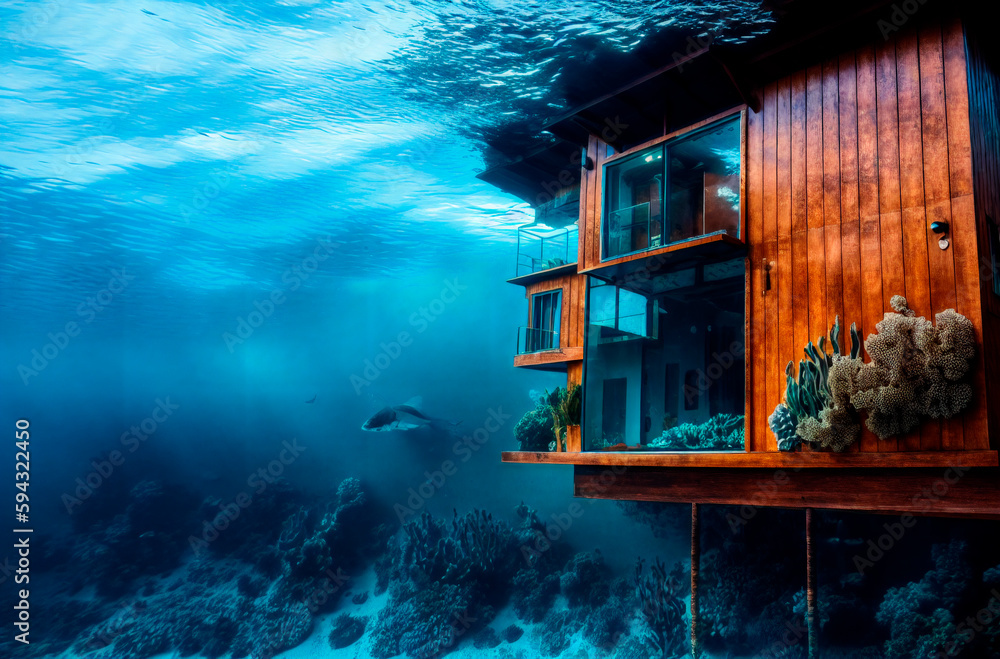 Sunken house under water. Abandoned building at bottom of ocean, sea. Generative AI.