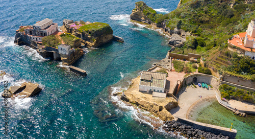 Aerial view of the Gaiola beach and island located in the Posillipo district, in Naples, Italy. The area is part of Underwater Park of Gaiola, a protected marine reserve and overlooks Tyrrhenian Sea. photo