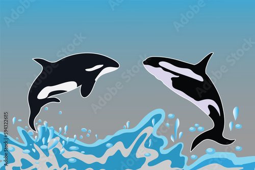 Scene graphics of big dolphins jumping and swimming in the sea