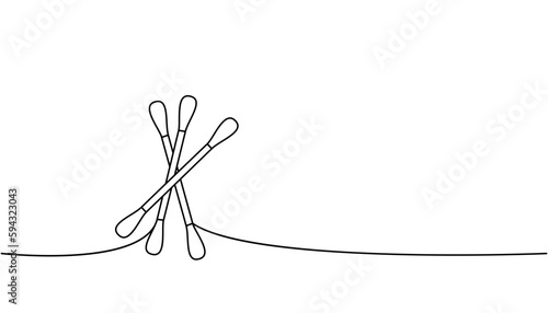 Cotton ear swab, ear sticks one line continuous drawing. Makeup and beauty tools continuous one line illustration. Vector linear illustration.