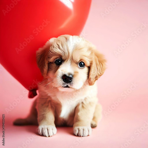 A puppy with a red ball in the shape of a heart. Generative AI.