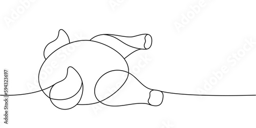 Whole chicken body meat one line continuous drawing. Fresh chicken meat continuous one line illustration. Vector minimalist linear illustration.