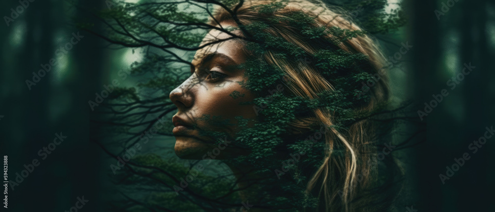 Dreamlike portrait of a person blending harmoniously with a lush, fantastical forest Dreamlike portrait of a person blending harmoniously with a lush, fantastical forest