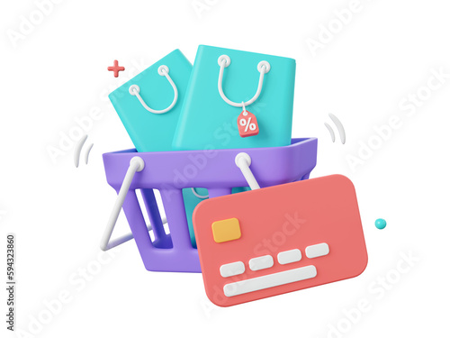 3d cartoon design illustration of Shopping cart and shopping bags with discount tag, Payments by credit card.