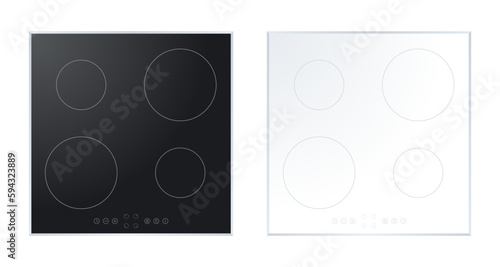 Electric stove induction cooktop with four power boost burners set. Domestic equipment. Realistic smooth surface ceramic with black and white glass. Electric hob. Top view. Home appliance. Vector © Gurt
