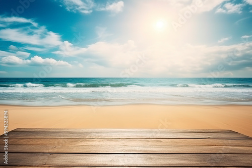 Tropical fine sandy beach with blured sea sun sky clouds photo