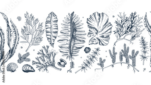Edible seaweed seamless pattern. Hand-drawn sea vegetables - kelp, kombu, wakame, hijiki  drawings. Underwater algae ribbon in sketch style. Asian cuisine menu or healthy food design