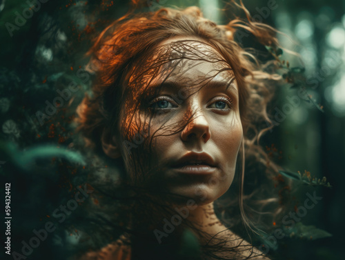 Dreamlike portrait of a person blending harmoniously with a lush, fantastical forest © Divergent AI
