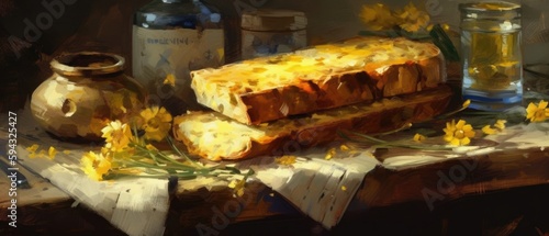Still life of bread with butter and yellow daffodils on a wooden table - Ai generated