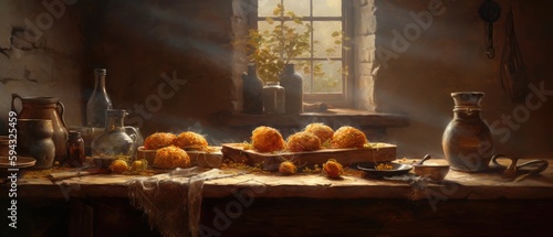 Still life with dumplings on the table and rays of sunshine through kitchen window. Vintage rustic rural cottage style - Ai generated
