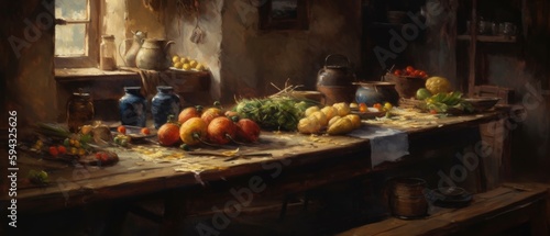 Still life with tomatoes, potatoes, spinach and other vegetables in a rustic kitchen - Ai generated