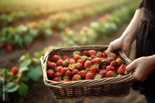agritourism, Strawberry field in a greenhouse. Fresh ripe organic strawberries in a basket, generative ai tools 