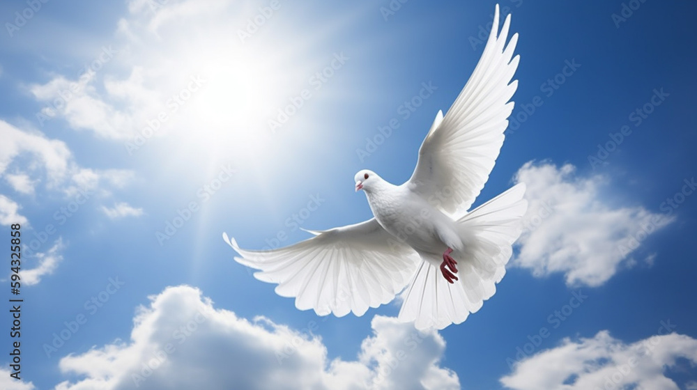 Flying white dove on a background of blue sky with white clouds. International Peace Day Concept, Generative AI Flying white dove on a background of blue sky with white clouds. International Peace Day Concept, Generative AI