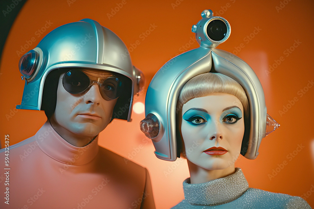 Vintage photo of people wearing retro futuristic costumes reminiscent