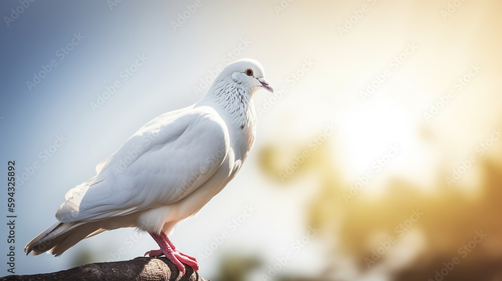 Pigeon sitting on a branch with blue sky and clouds background. International Peace Day Concept, Generative AI Pigeon sitting on a branch with blue sky and clouds background. International Peace Day Concept, Generative AI