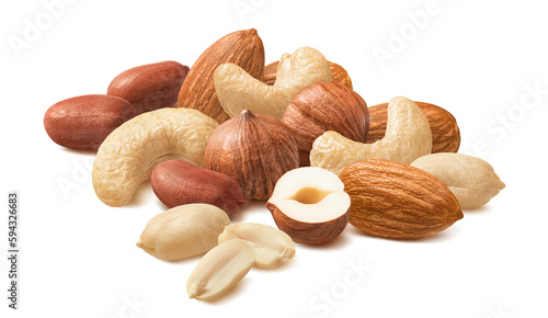 Cashew nuts, almond, hazelnut and blanched peanuts isolated on white background
