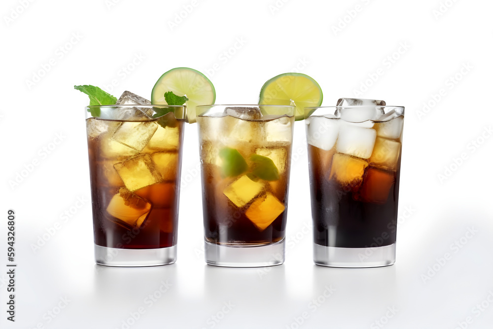 Cuba libre alcohol cocktail with golden rum, lemon juice, cola, lime and ice. AI generated Cuba libre alcohol cocktail with golden rum, lemon juice, cola, lime and ice. AI generated