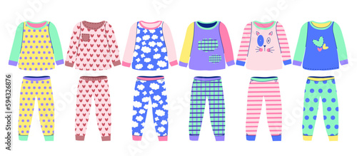 Girl pajamas set. Textile nightwear for children. Vector colored illustration isolated on white background.
