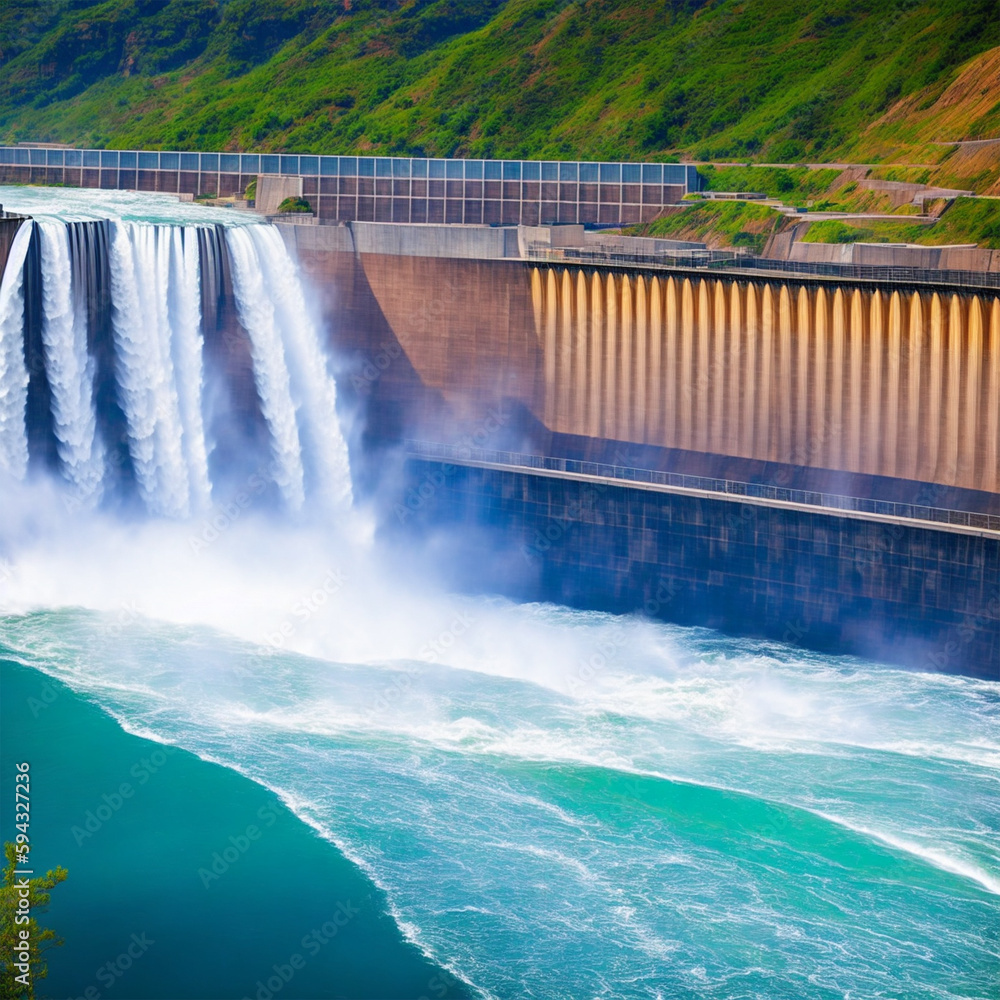Hydroelectric dam with water flowing through turbines to generate electricity.
