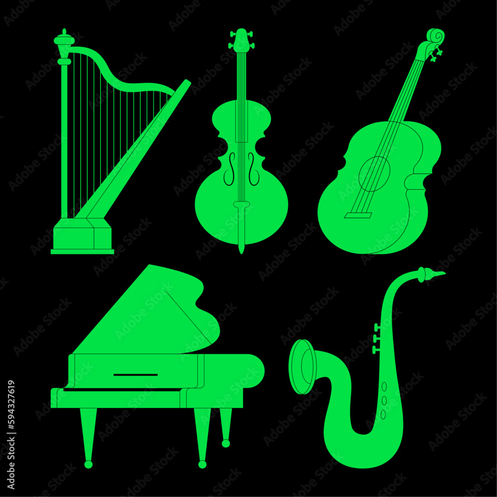 Collection of various musical instruments silhouette isolated on white background. Set of piano, guitar, cello, harp, saxophone. Strings, brass, winds. Vector illustration in flat modern cartoon style