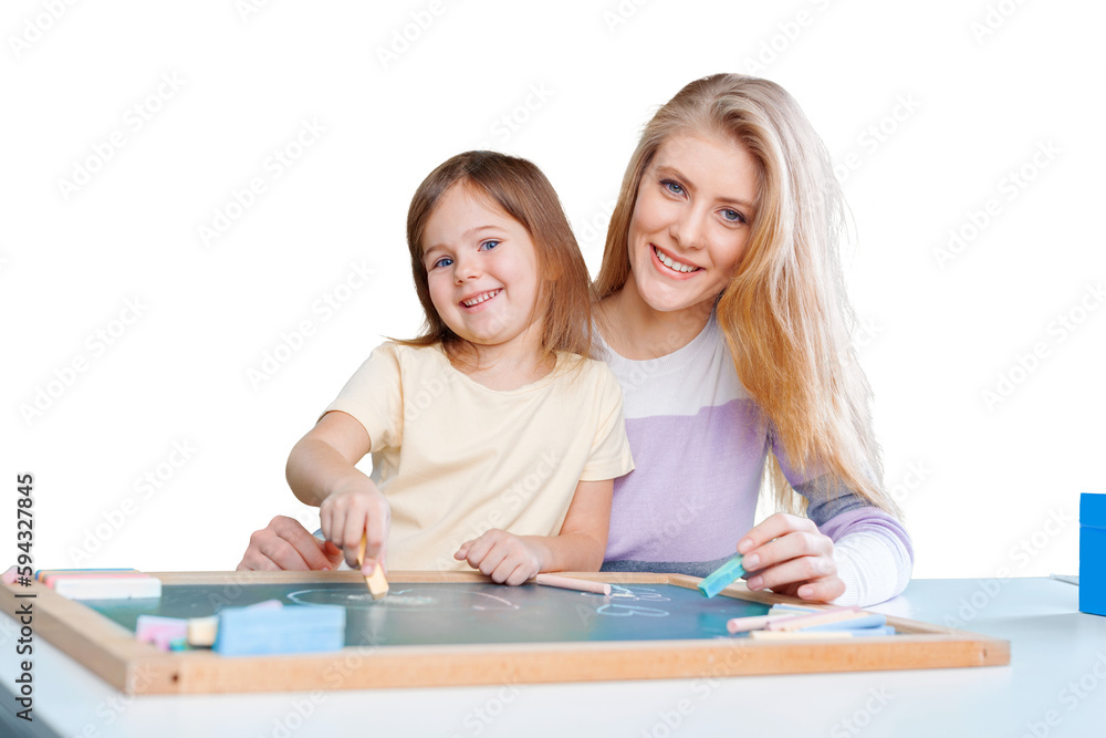 Happy mother with daughter drawing with chalks Happy mother with daughter drawing with chalks