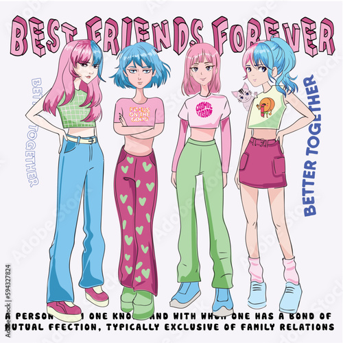 birthday card with children, anime girls illustration with slogan, vector graphic design for t-shirt