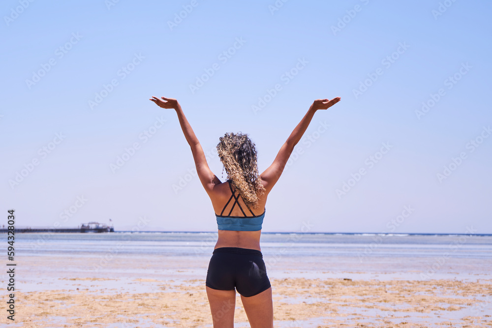 Travel woman on beach enjoying blue sea and sky wearing bikini. Beautiful pretty stylish young brazilian model from behind on vacation holidays.Motivation concept. Travel woman on beach enjoying blue sea and sky wearing bikini. Beautiful pretty stylish young brazilian model from behind on vacation holidays.Motivation concept.