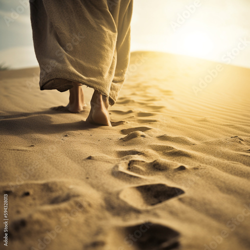Jesus walking on sand toward the rising sun. Generative AI