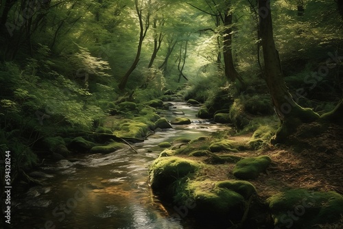 Wallpaper Mural Babbling Spring Brook: A soothing image of a babbling spring brook (Generative A