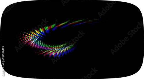 Polka dot halftone rounded framing with color glitch or shift. Twisted diffraction vortex. Perforated circuit on black. Vector.