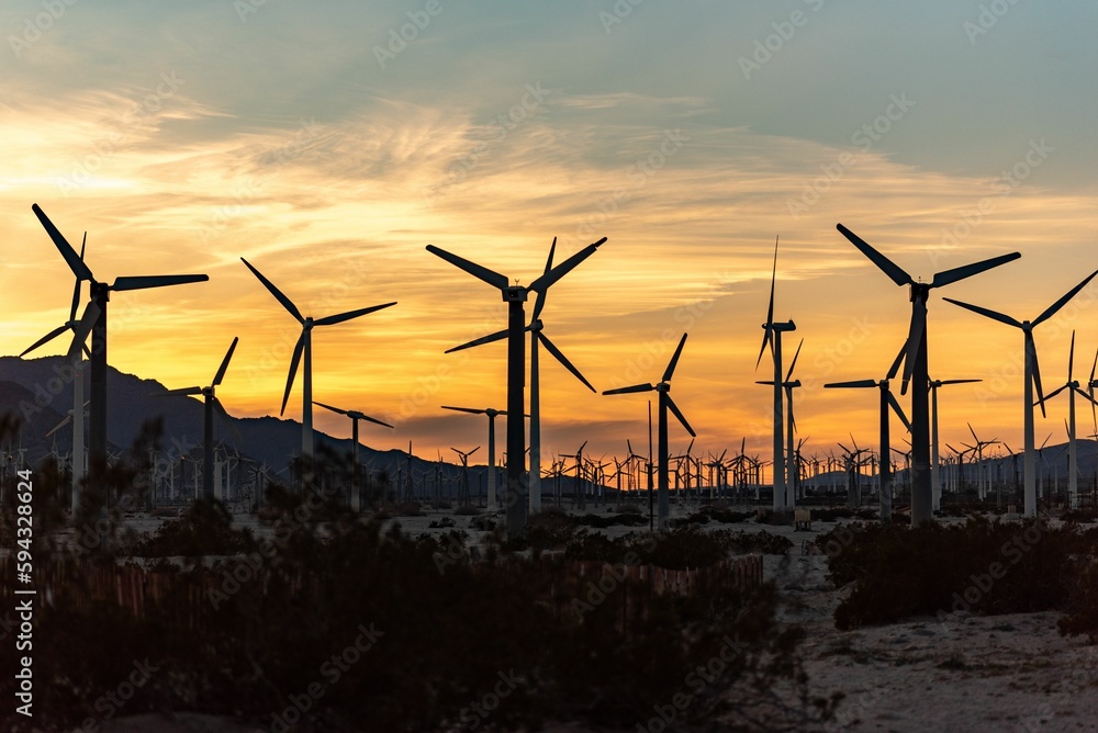 Beautiful view of Wind turbines on a wind farm along the 10 Freeway in Palm Springs, CA, USA