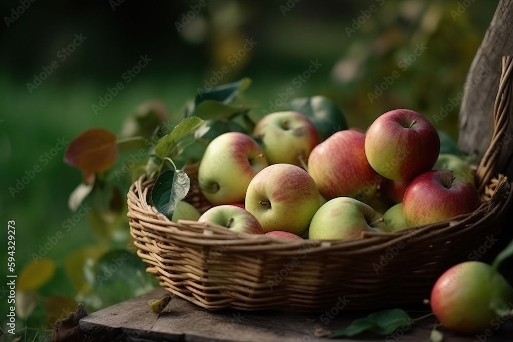 a basket full of apples sitting on a wooden table in the grass next to a tree branch with leaves on the branches and a green grass background.  generative ai