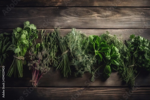  a bunch of different types of vegetables on a wooden table with a black background and a wooden table with a wooden surface with a variety of greens.  generative ai