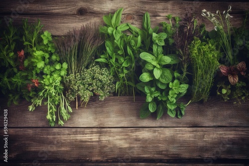  a bunch of different types of herbs on a wooden table with a brown background and a few green plants in the middle of the frame. generative ai
