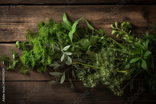  a bunch of green herbs on a wooden table with leaves and herbs in the middle of the picture and the top of the bunch of the herbs on the table. generative ai