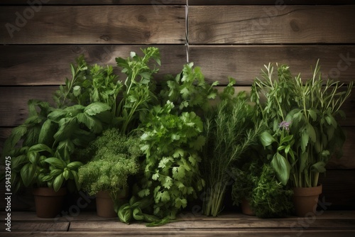  a bunch of different types of herbs in pots on a shelf next to a wooden wall with a sprig of parsley in the middle. generative ai